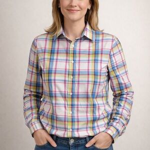 Lands' End Women’s Plaid No Iron Button Front Shirt Top Blouse Blue/Pink Sz 14